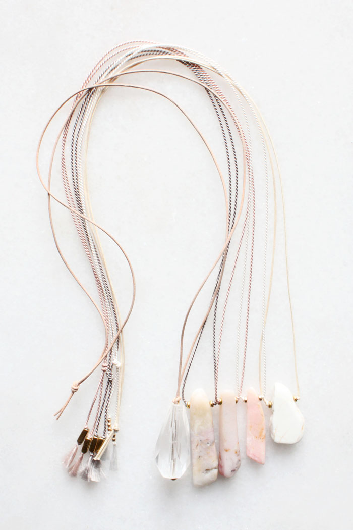 Leather and silk necklaces with quartz, pink opal and magnesite
